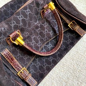Vintage Brown Suede Gucci Boston Bag w/ Brown Crocodile Leather & Gold Hardware